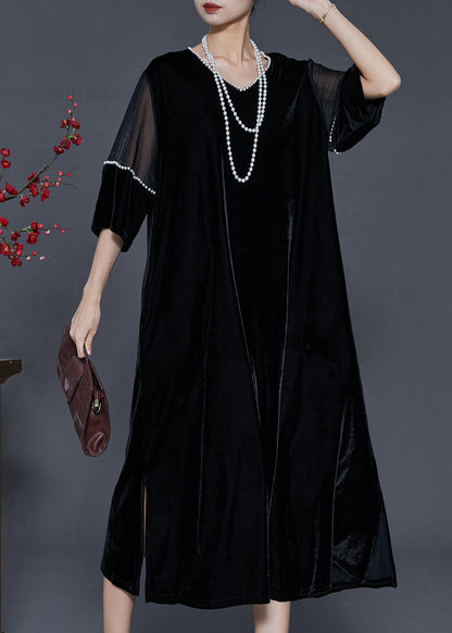 Black Oversized Patchwork Nail Bead Silk Velvet Dress Spring