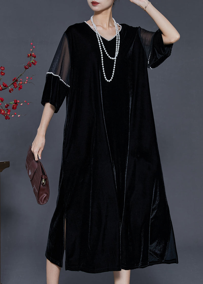 Black Oversized Patchwork Nail Bead Silk Velvet Dress Spring