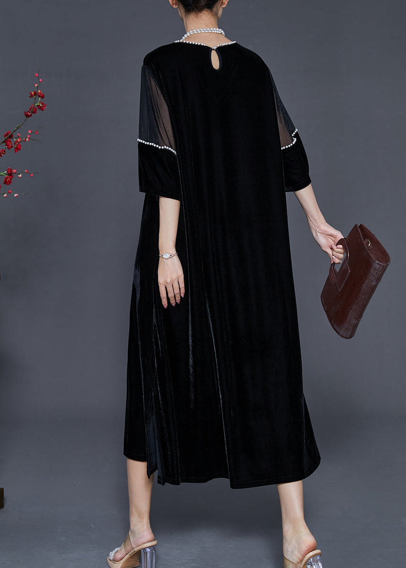 Black Oversized Patchwork Nail Bead Silk Velvet Dress Spring