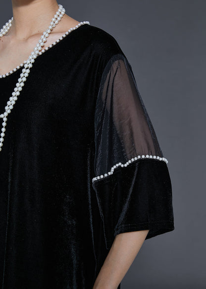 Black Oversized Patchwork Nail Bead Silk Velvet Dress Spring