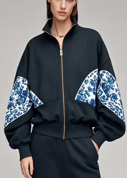 Black Oversized Patchwork Print Cotton Coats Fall