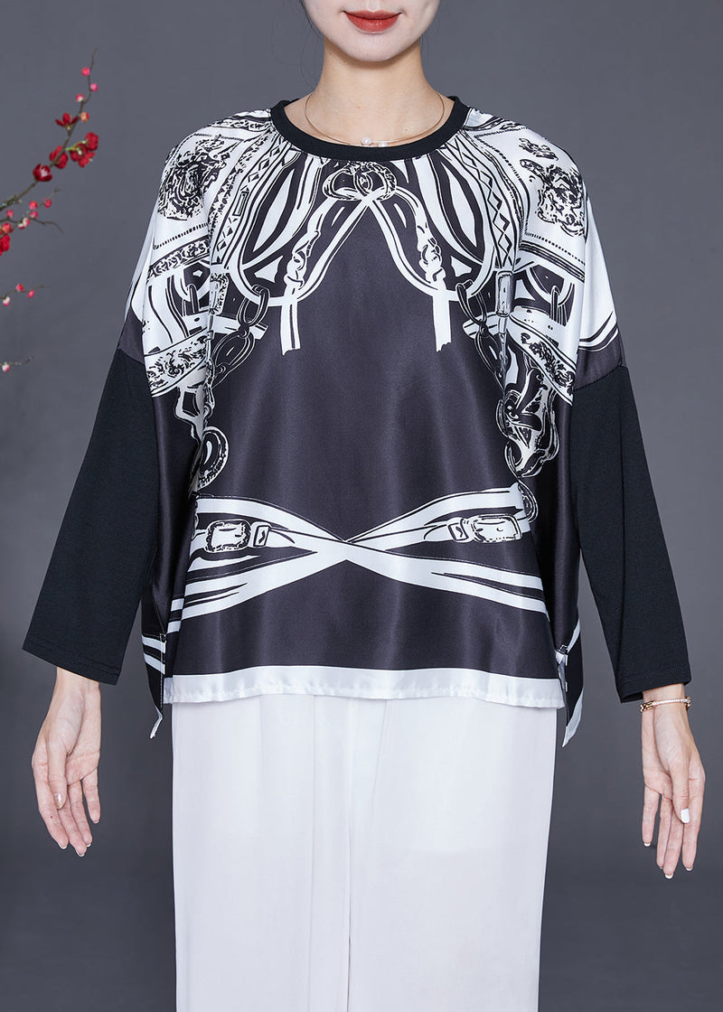 Black Oversized Patchwork Print Satin Tops Summer