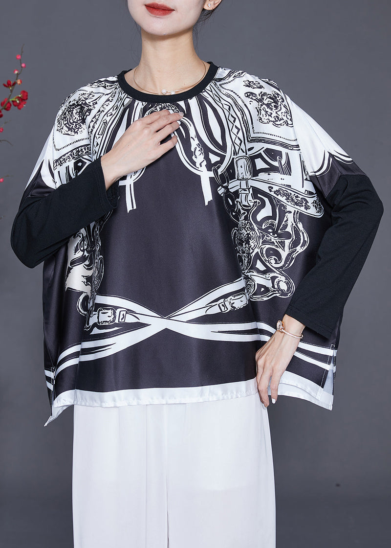 Black Oversized Patchwork Print Satin Tops Summer