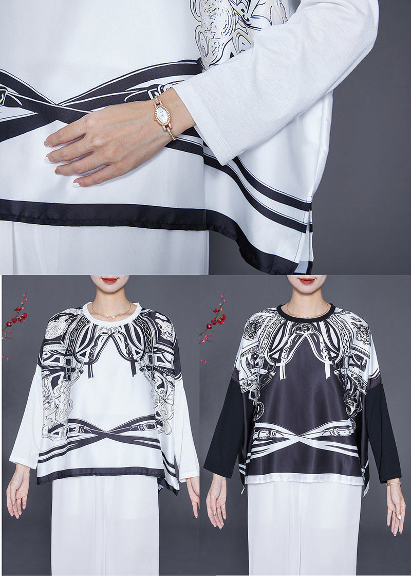 Black Oversized Patchwork Print Satin Tops Summer