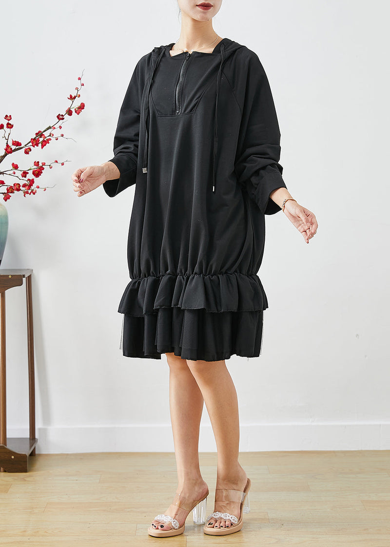 Black Oversized Patchwork Ruffles Cotton Dress Fall