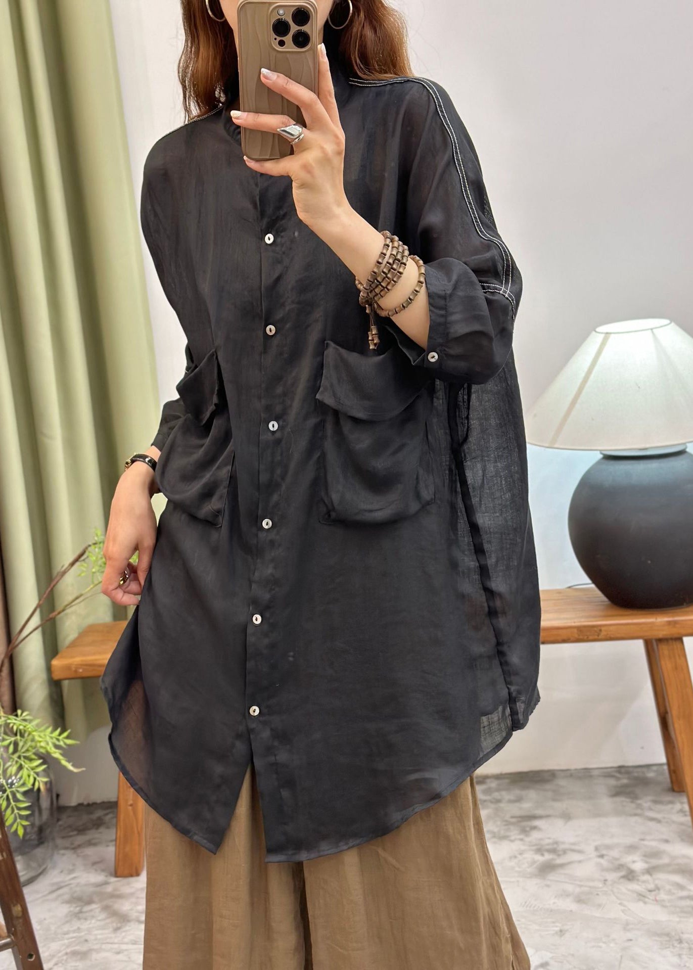 Women Black Oversized Pockets Cotton Long Shirt Summer