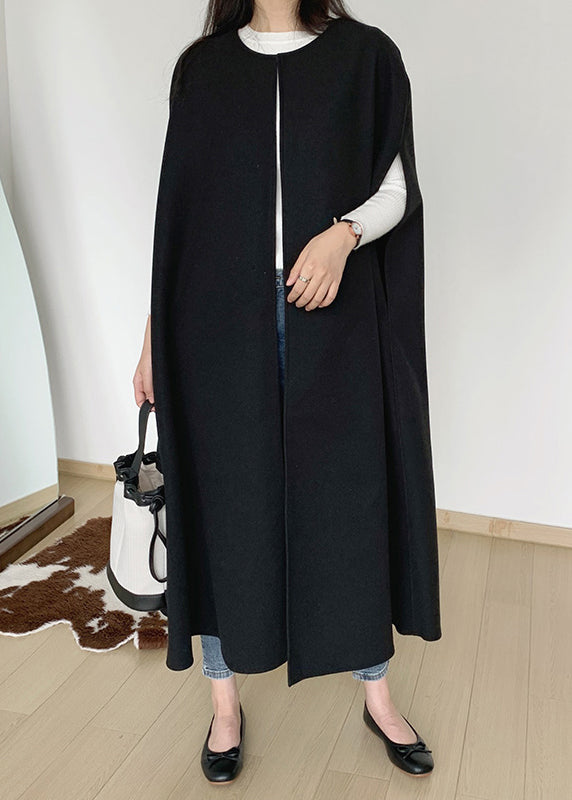 Black Oversized Pockets Woolen Coats Sleeveless
