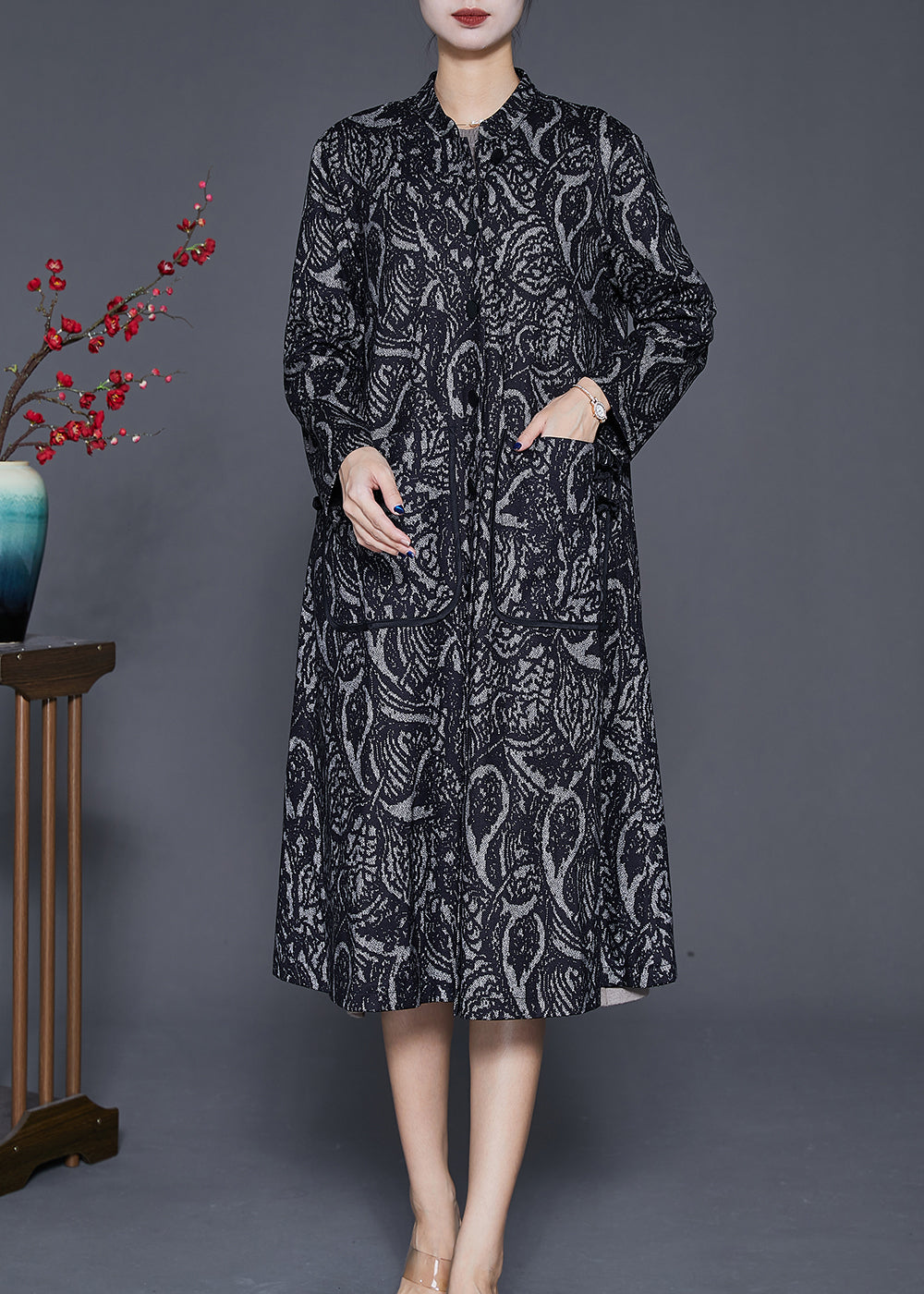 Black Oversized Print Cotton Trench Coats Fall