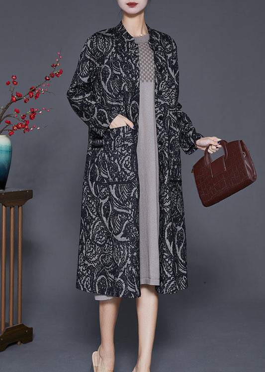 Black Oversized Print Cotton Trench Coats Fall