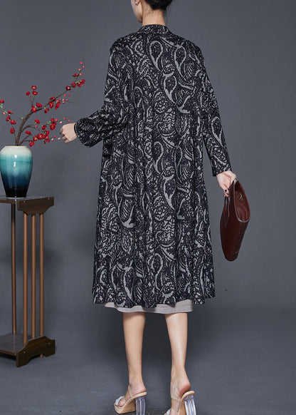 Black Oversized Print Cotton Trench Coats Fall