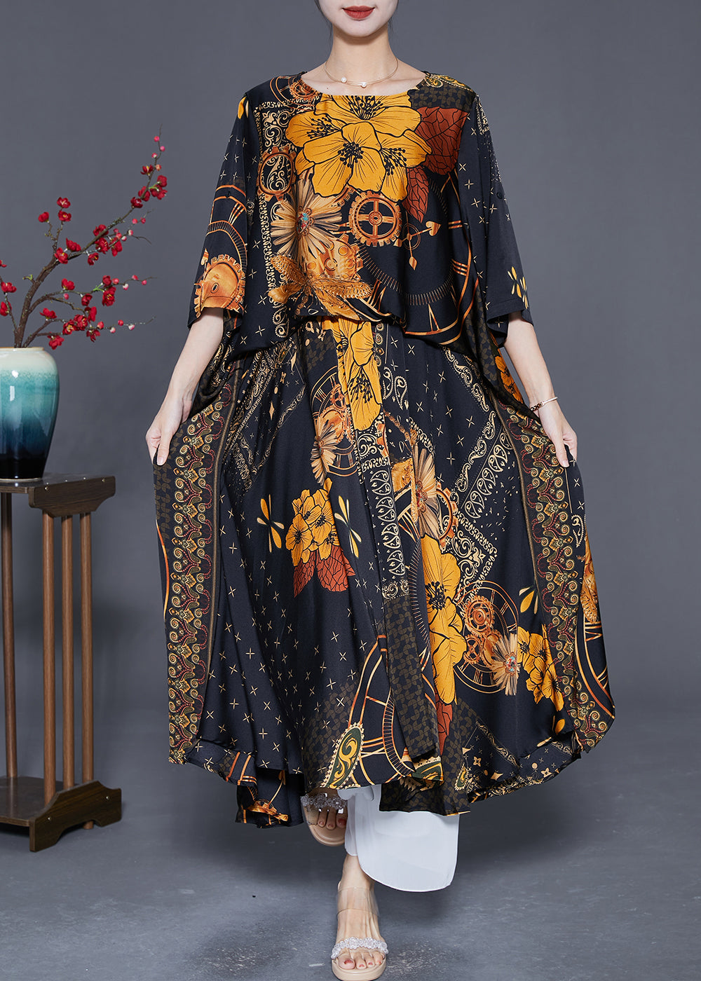 Black Oversized Print Silk Maxi Dresses Summer