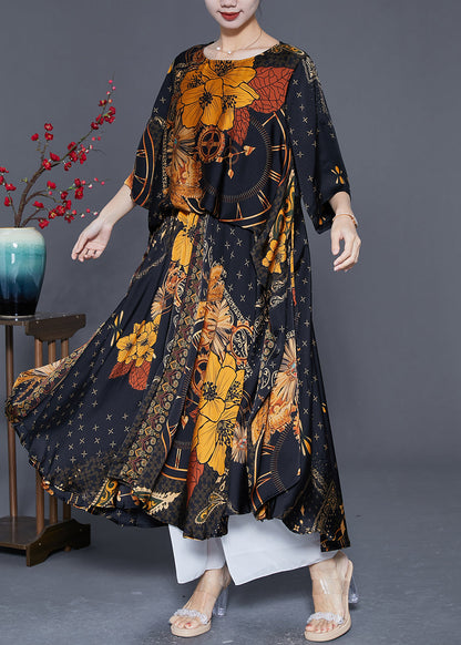 Black Oversized Print Silk Maxi Dresses Summer