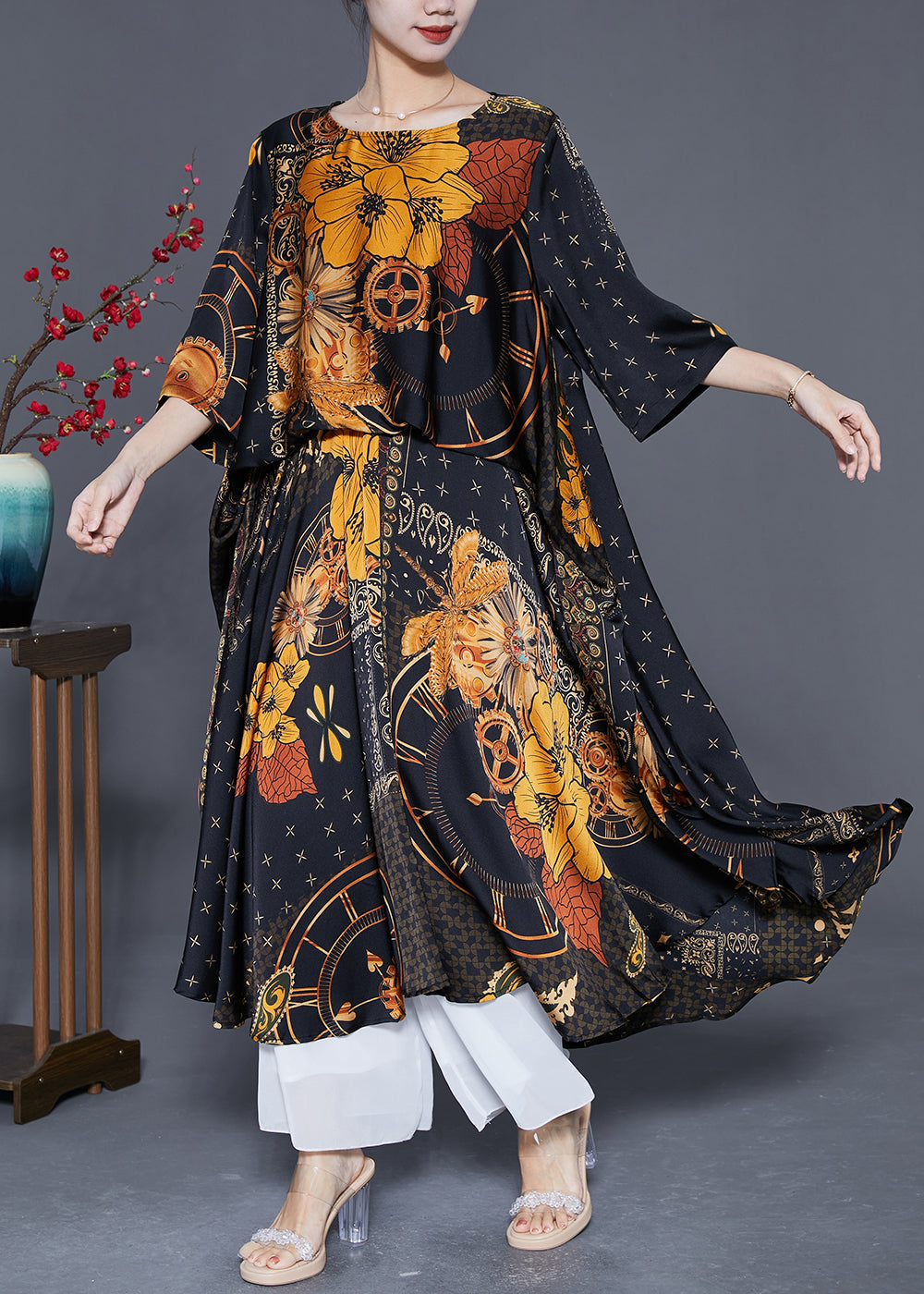 Black Oversized Print Silk Maxi Dresses Summer