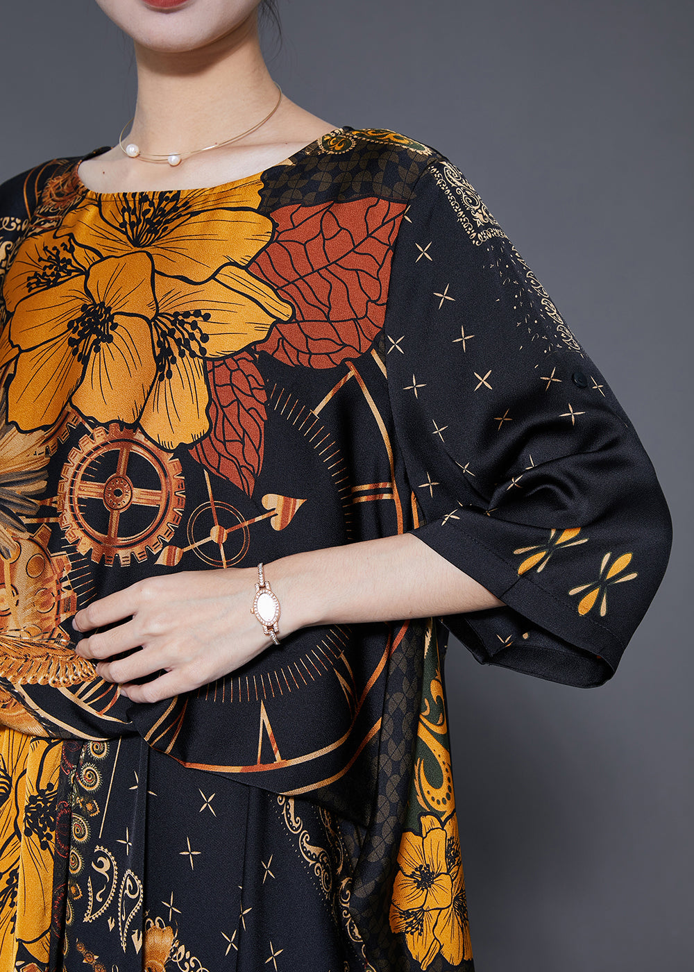 Black Oversized Print Silk Maxi Dresses Summer