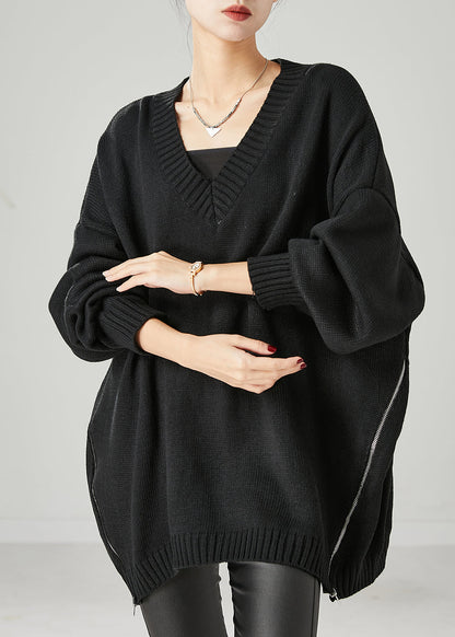 Black Oversized Side Open Knit Sweaters Spring