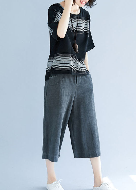 Black Oversized Striped Cotton Tanks Short Sleeve