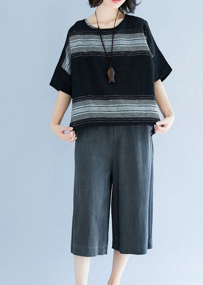 Black Oversized Striped Cotton Tanks Short Sleeve