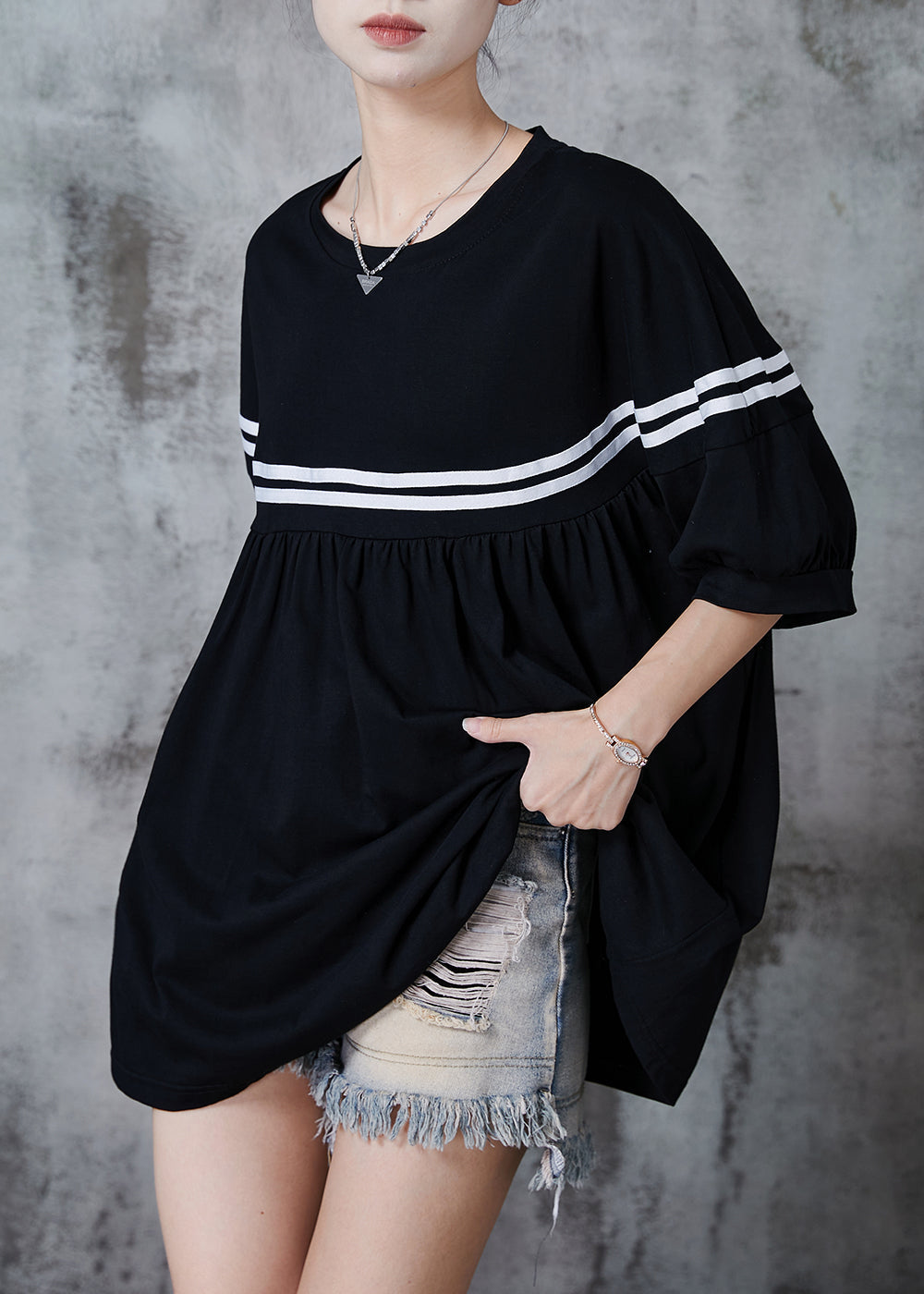 Black Oversized Striped Cotton Tanks Summer