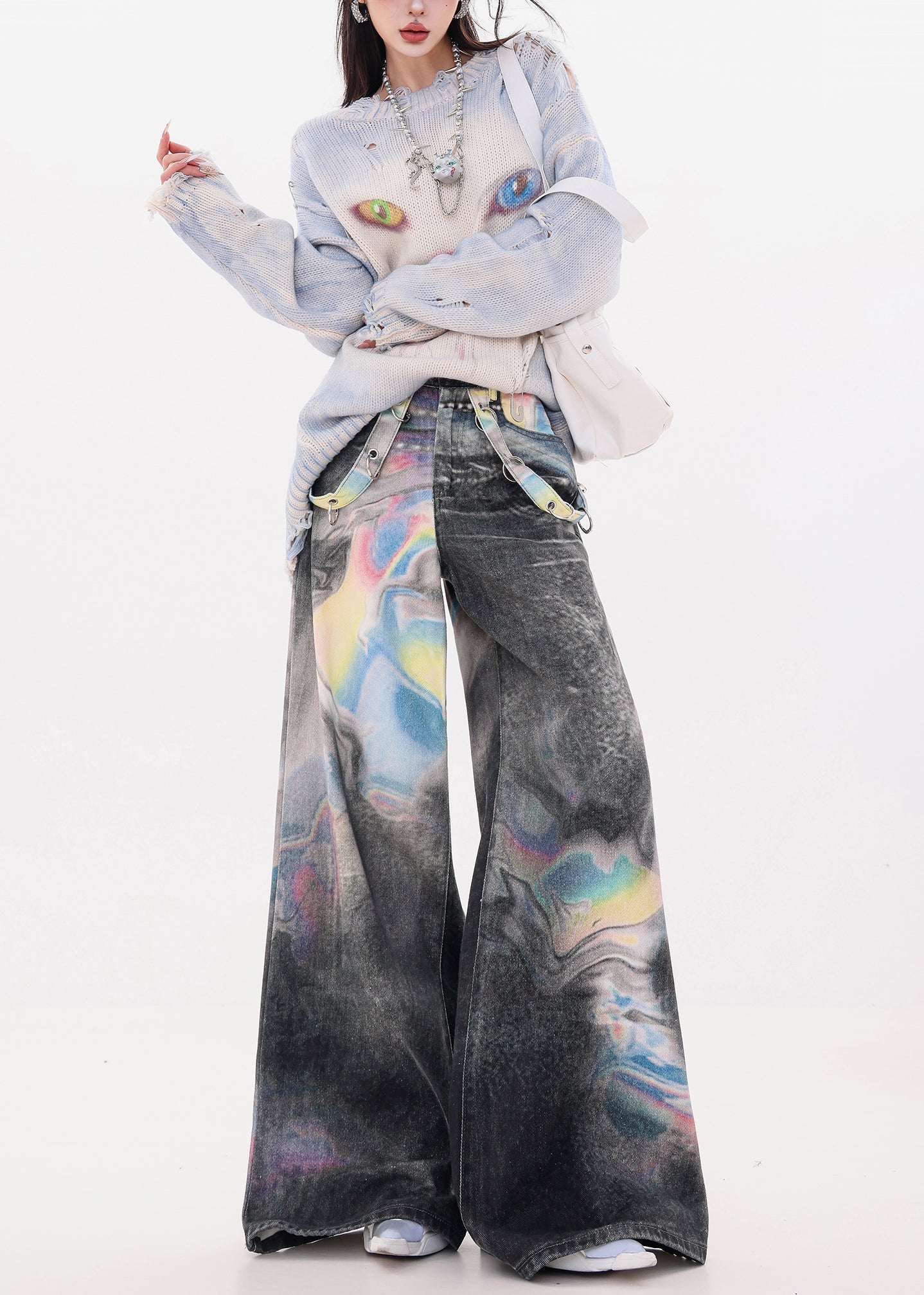 Black Oversized Tie Dye Denim Wide Leg Pants Spring
