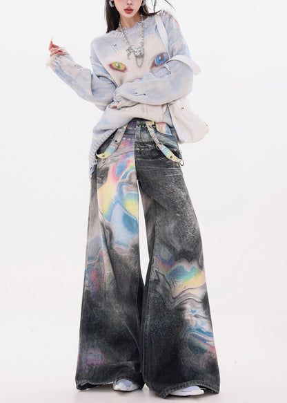 Black Oversized Tie Dye Denim Wide Leg Pants Spring