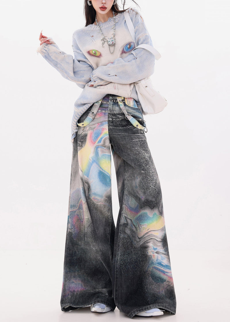 Black Oversized Tie Dye Denim Wide Leg Pants Spring