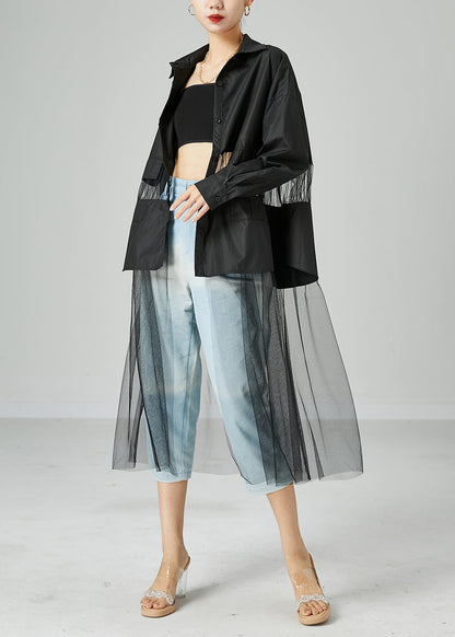 Black Oversized Tulle Patchwork Hollow Out Cotton Long Coat Summer