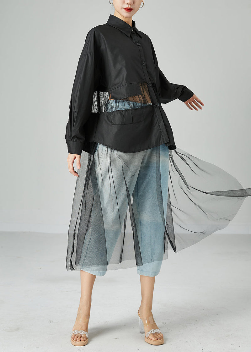 Black Oversized Tulle Patchwork Hollow Out Cotton Long Coat Summer