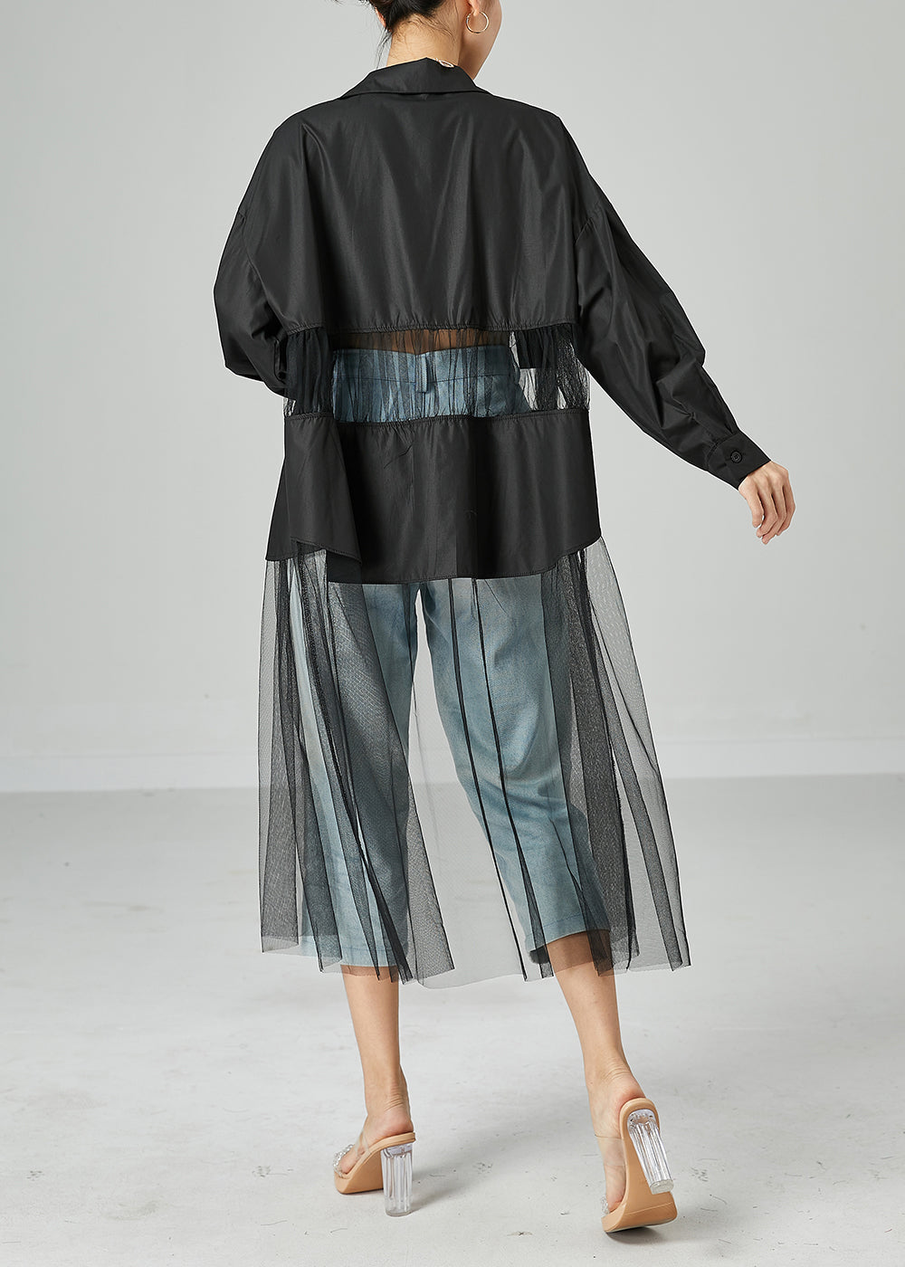 Black Oversized Tulle Patchwork Hollow Out Cotton Long Coat Summer
