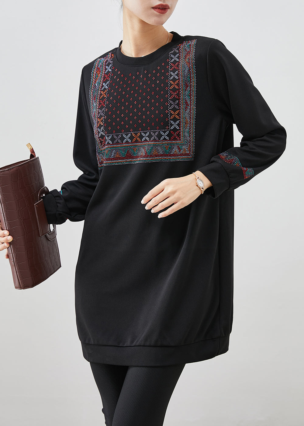 Black Oversized Zircon Cotton Sweatshirts Dress Fall