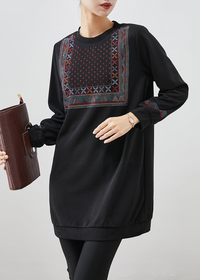Black Oversized Zircon Cotton Sweatshirts Dress Fall