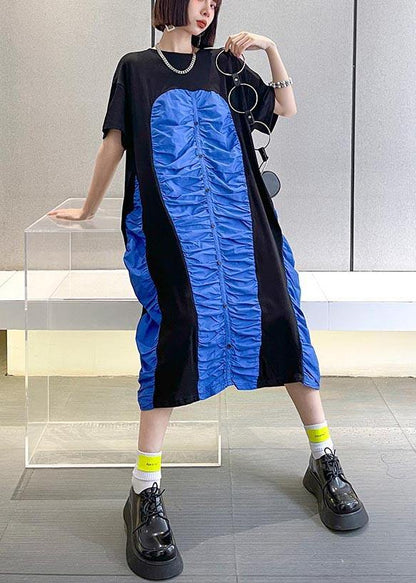 Black Patchwork Blue O-neck Long Summer Cotton Dress
