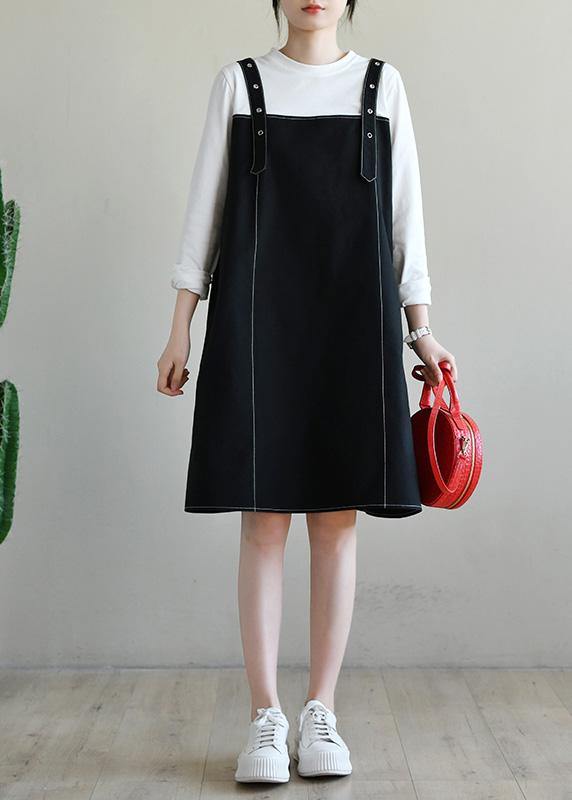 Black Patchwork Cotton Dress Two Piece Set Clothing