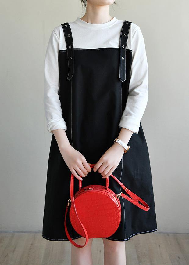 Black Patchwork Cotton Dress Two Piece Set Clothing