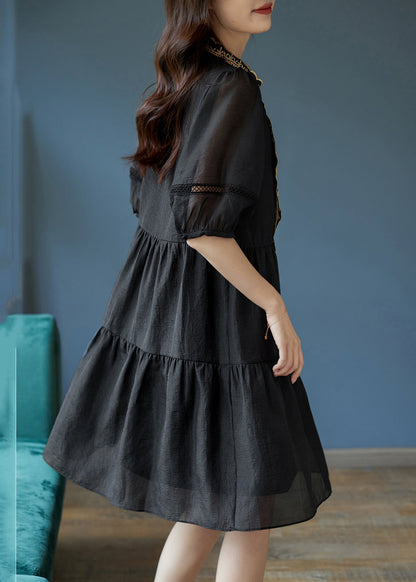 Black Patchwork Cotton Mid Dress Puff Sleeve