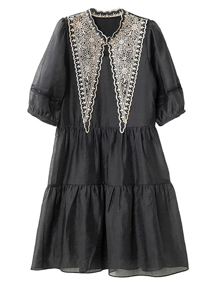 Black Patchwork Cotton Mid Dress Puff Sleeve