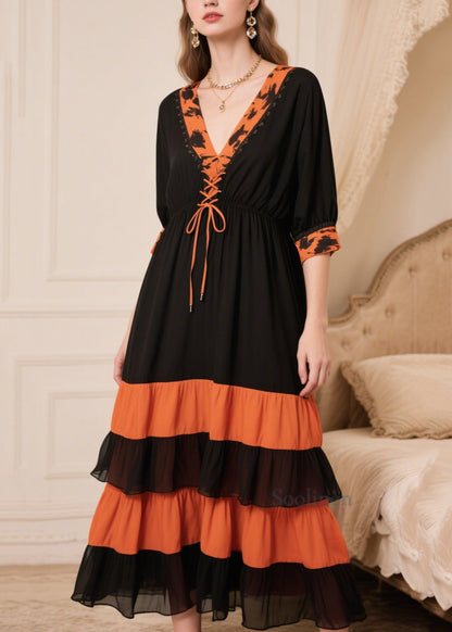 Black Patchwork Cross Strap Chiffon Maxi Dresses Summer