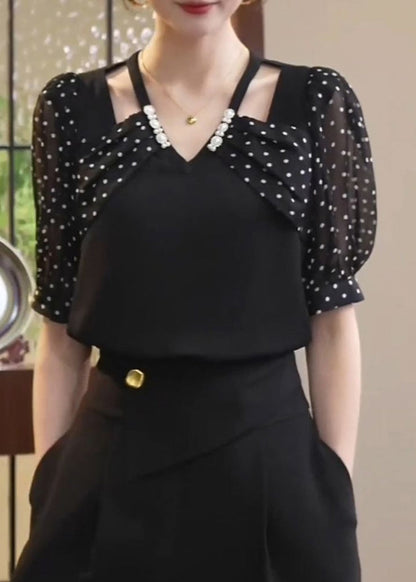 Black Patchwork Dot Print Hollow Out Chiffon Shirt Short Sleeve