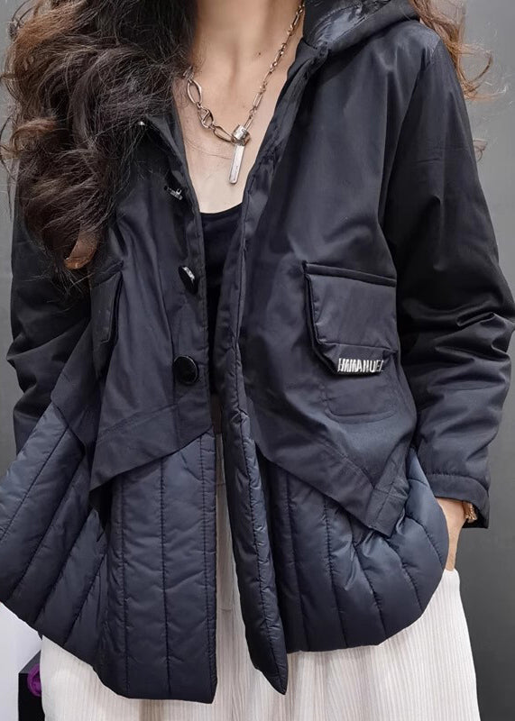 Black Patchwork Fine Cotton Filled Hooded Jacket Long Sleeve