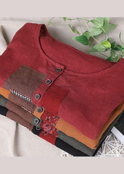Black Patchwork Shirt Short Sleeve Cotton Linen