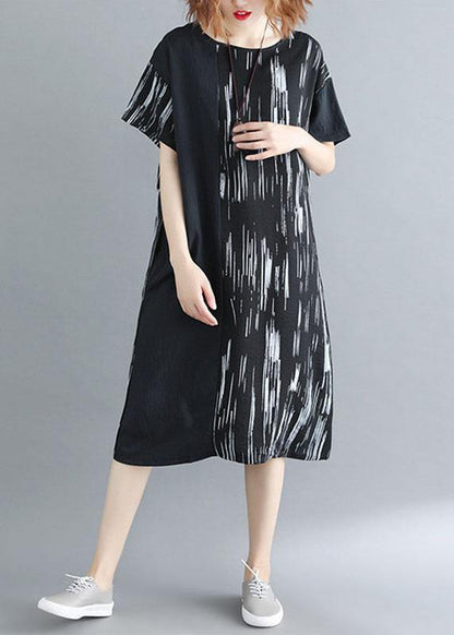 Black Patchwork Striped O Neck Cotton Maxi Dresses