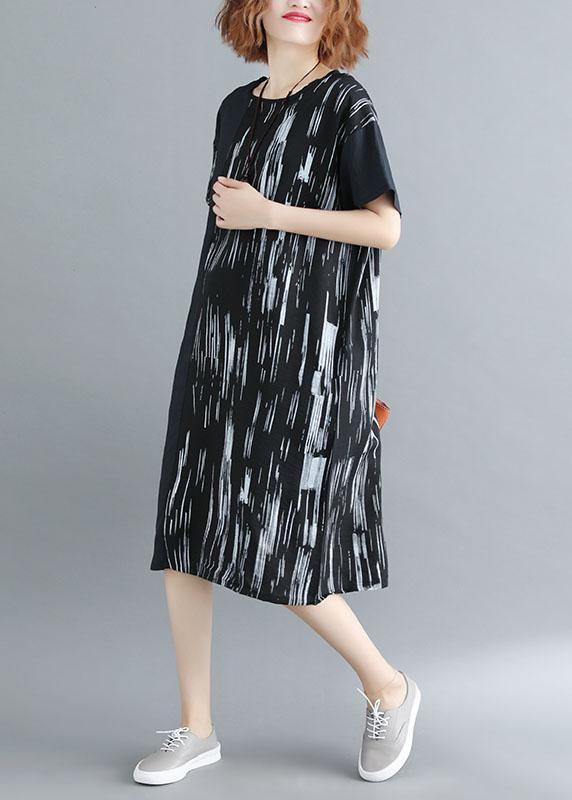 Black Patchwork Striped O Neck Cotton Maxi Dresses