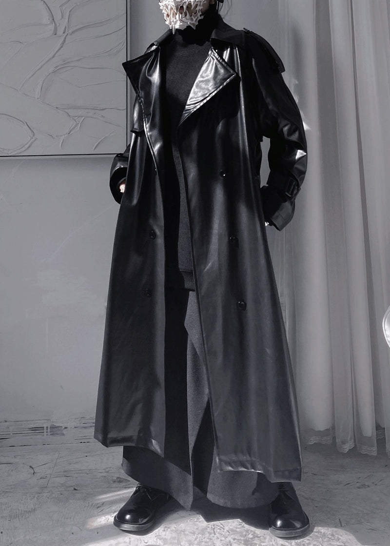 Black Peter Pan Colla Patchwork Sashes Faux Leather Long Trench Coats Long Sleeve