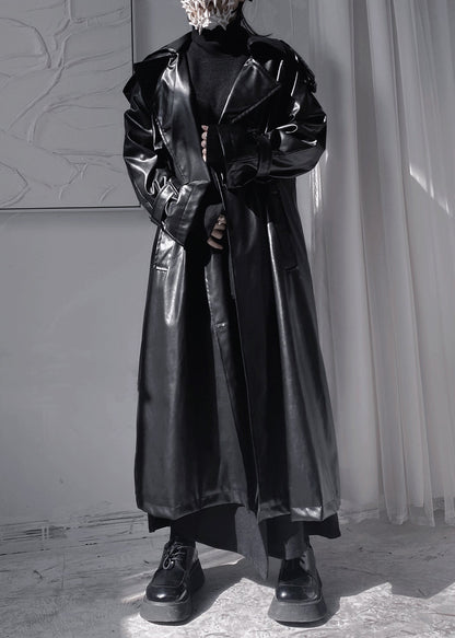Black Peter Pan Colla Patchwork Sashes Faux Leather Long Trench Coats Long Sleeve