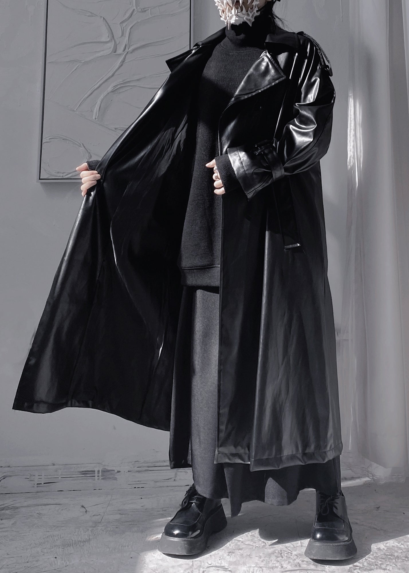 Black Peter Pan Colla Patchwork Sashes Faux Leather Long Trench Coats Long Sleeve