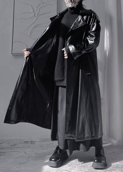 Black Peter Pan Colla Patchwork Sashes Faux Leather Long Trench Coats Long Sleeve