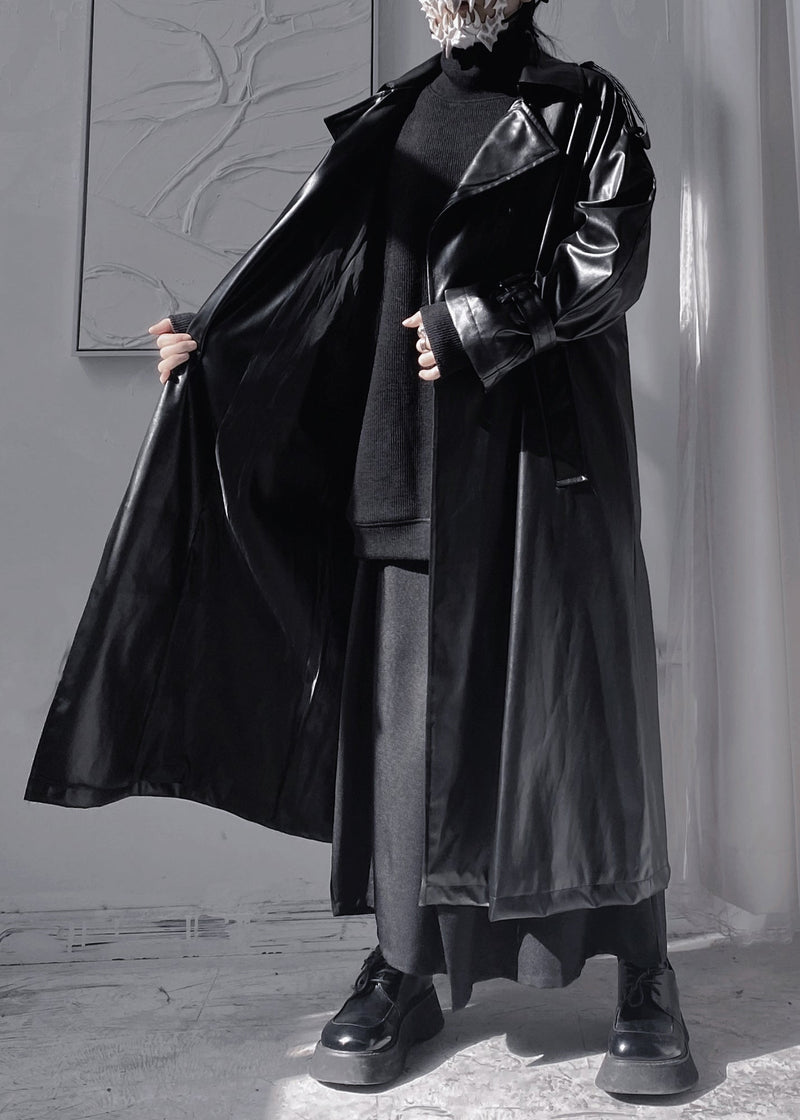 Black Peter Pan Colla Patchwork Sashes Faux Leather Long Trench Coats Long Sleeve