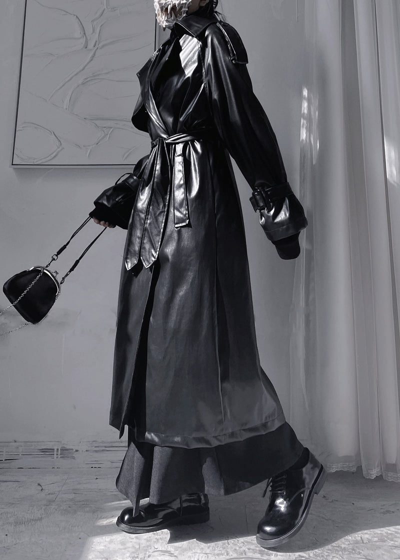 Black Peter Pan Colla Patchwork Sashes Faux Leather Long Trench Coats Long Sleeve