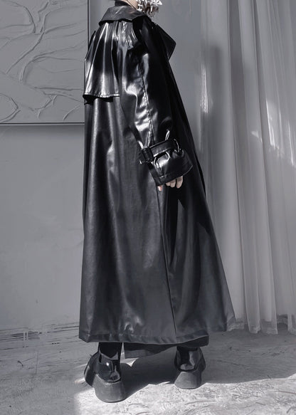 Black Peter Pan Colla Patchwork Sashes Faux Leather Long Trench Coats Long Sleeve