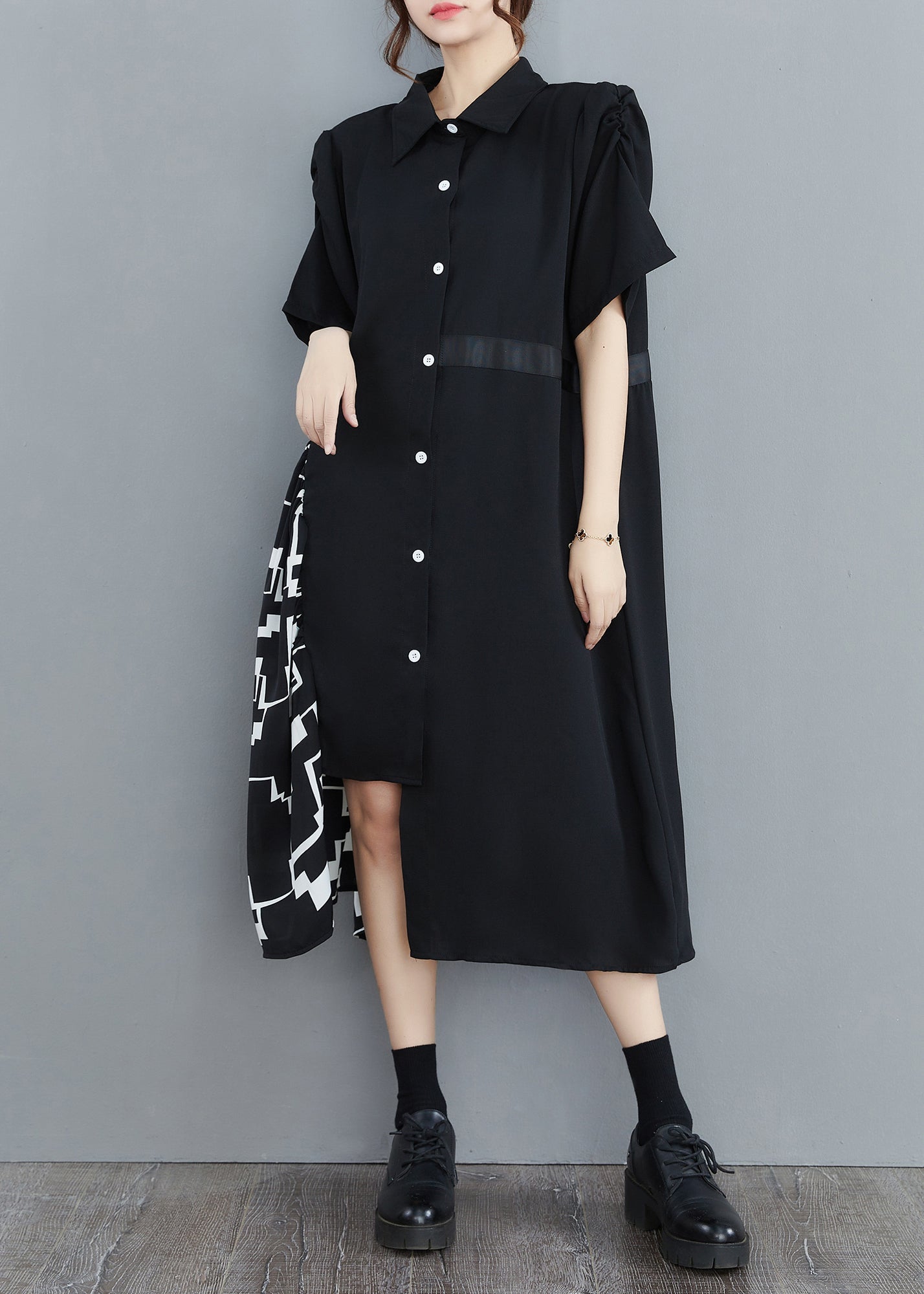 Black Peter Pan Collar Asymmetrical Print Patchwork Shirt Dresses Half Sleeve