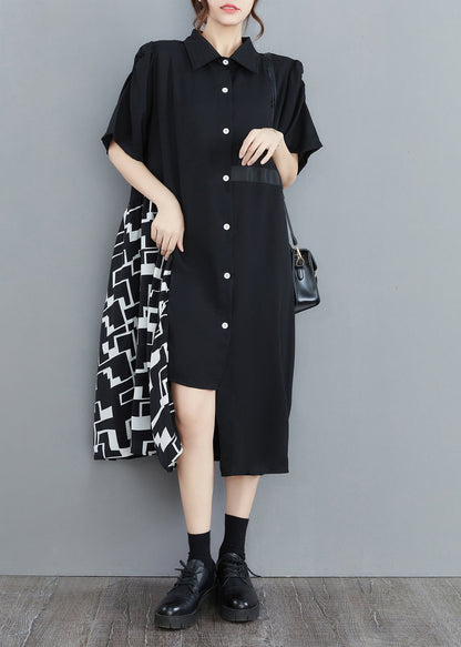 Black Peter Pan Collar Asymmetrical Print Patchwork Shirt Dresses Half Sleeve